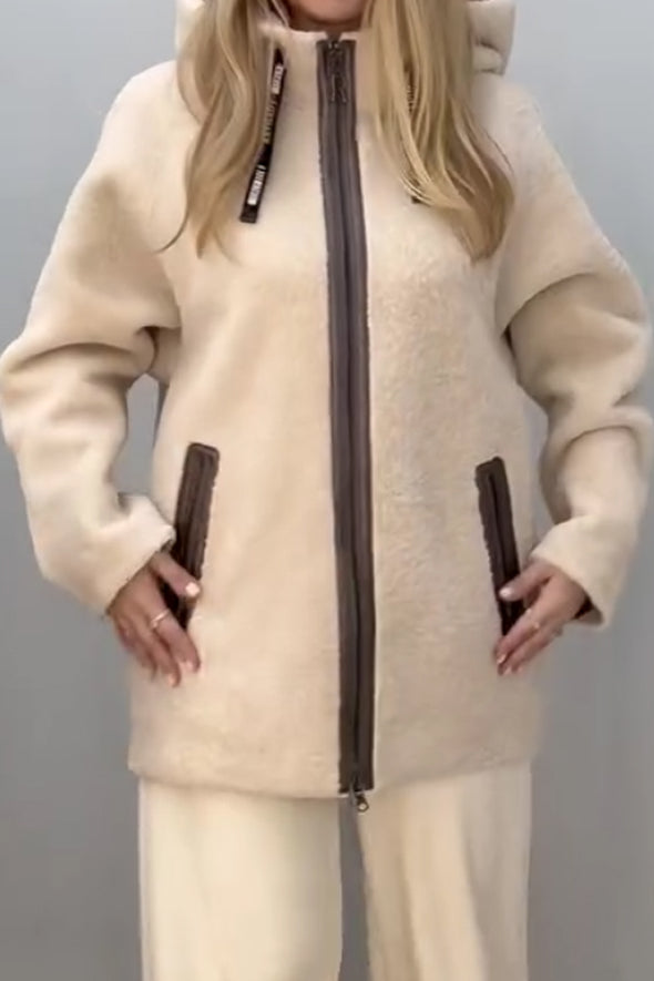Women Casual Stand Collar Hoodie Drawstring Zipper Large Pockets Reversible Plush Leather Jacket