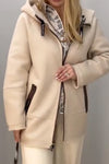 Women Casual Stand Collar Hoodie Drawstring Zipper Large Pockets Reversible Plush Leather Jacket