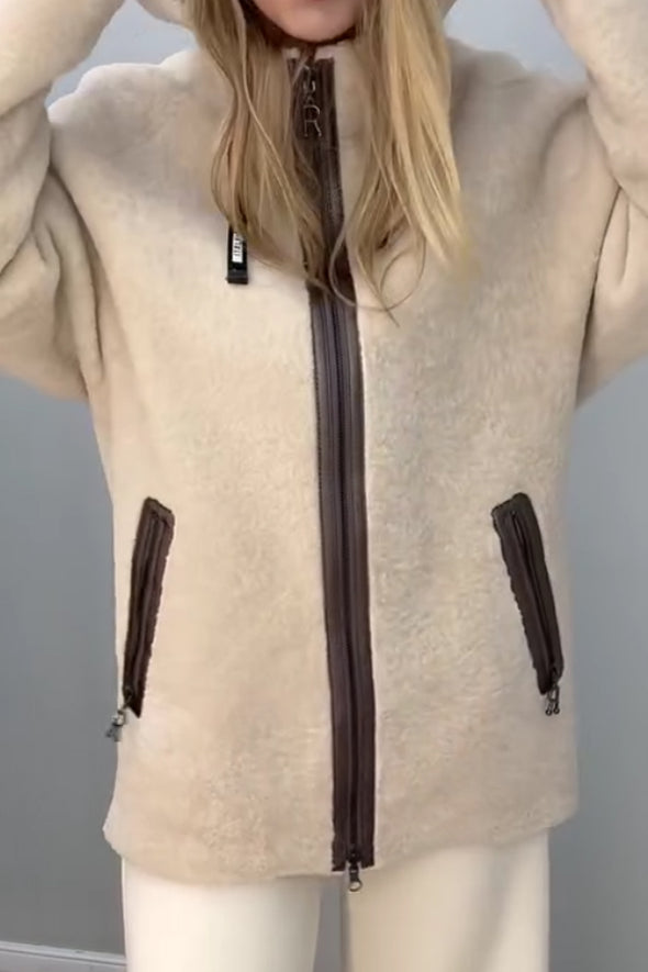 Women Casual Stand Collar Hoodie Drawstring Zipper Large Pockets Reversible Plush Leather Jacket
