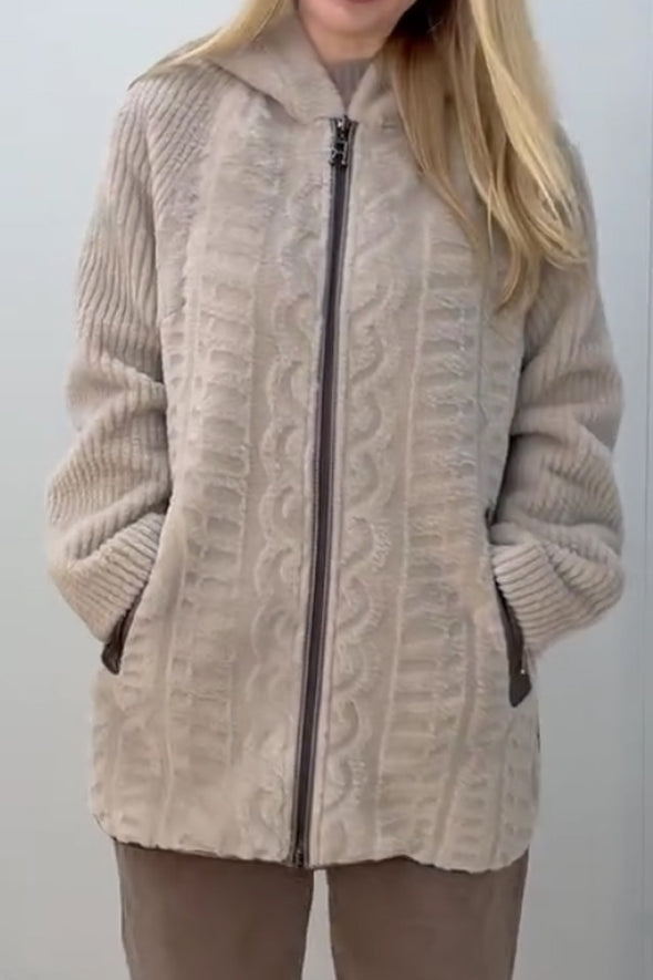 Women Casual Stand Collar Hooded Zipper Reversible Plush Jacket