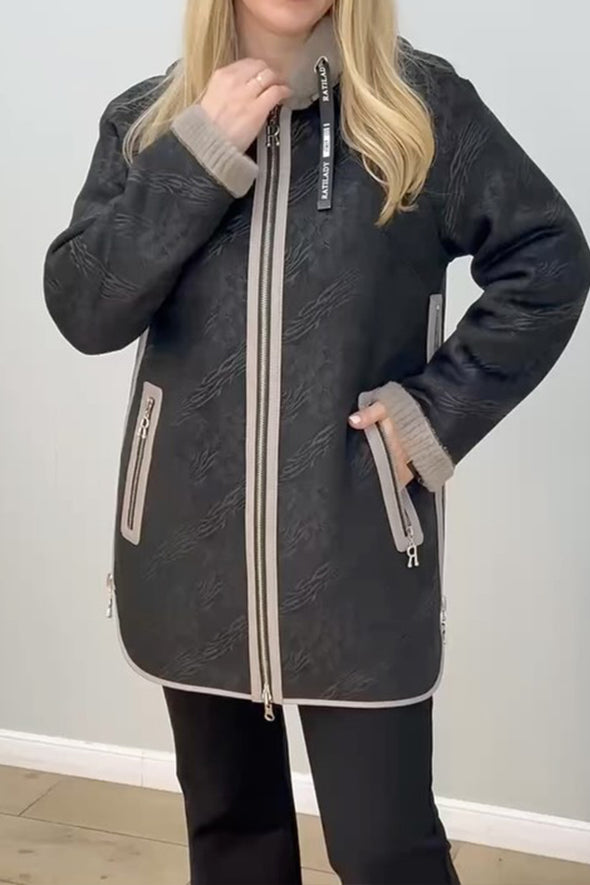 Women Casual Stand Collar Hooded Zipper Reversible Plush Jacket