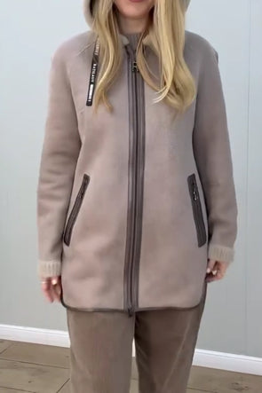 Women Casual Stand Collar Hooded Zipper Reversible Plush Jacket