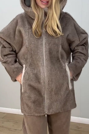 Women Casual Stand Collar Hooded Zipper Plush Jacket