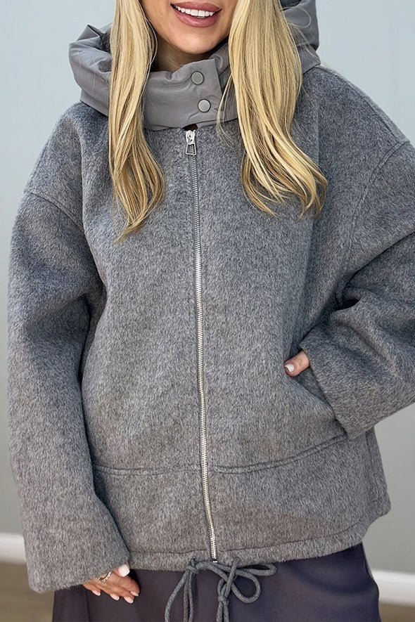 Women Casual Stand Collar Drawstring Zipper Warm Jacket