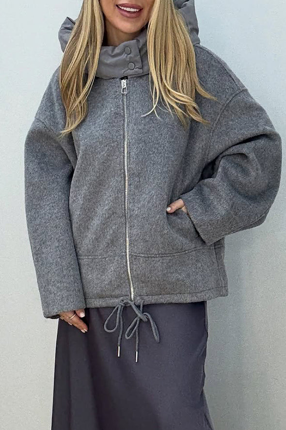 Women Casual Stand Collar Drawstring Zipper Warm Jacket