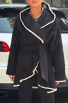Women Casual Contrast Color Lace Trim Economic Belt Curved Hem Jacket