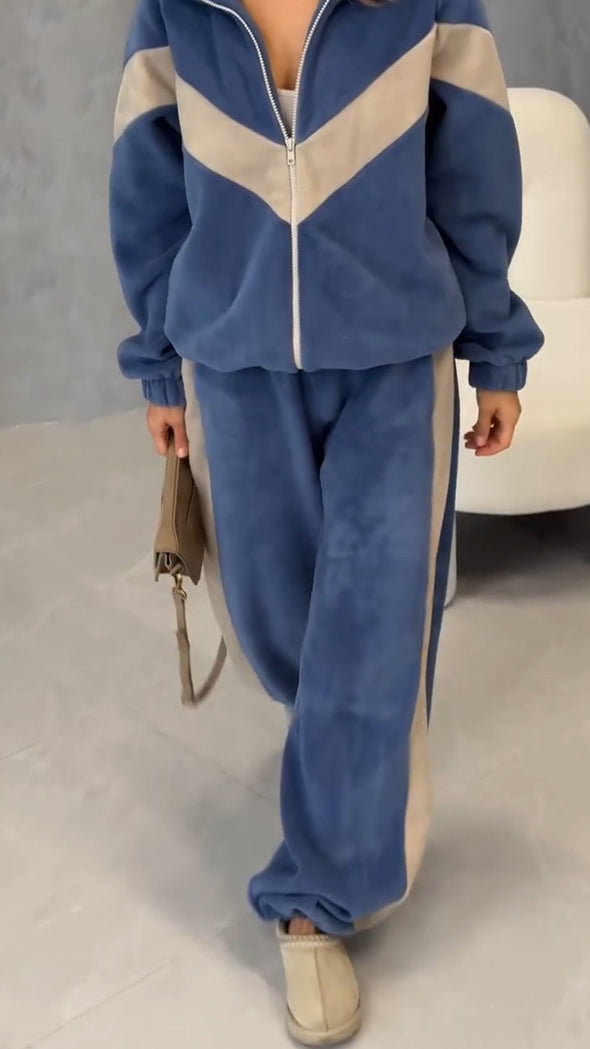 Women Lapel Contrast Color Jacket + Pants Casual Suit
