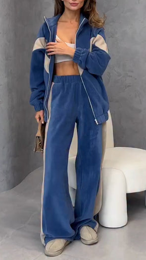 Women Lapel Contrast Color Jacket + Pants Casual Suit