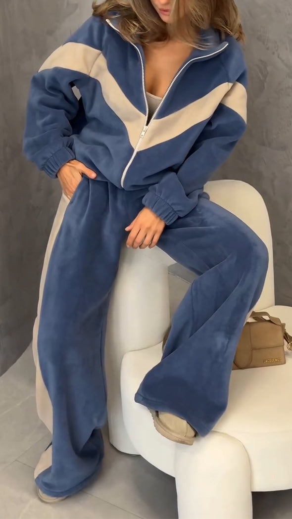 Women Lapel Contrast Color Jacket + Pants Casual Suit