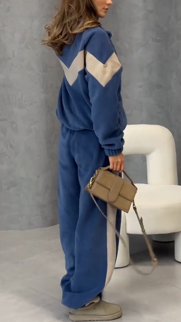 Women Lapel Contrast Color Jacket + Pants Casual Suit