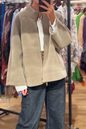 Women Casual Simple High Neck Metal Zipper Wide Sleeve Jacket