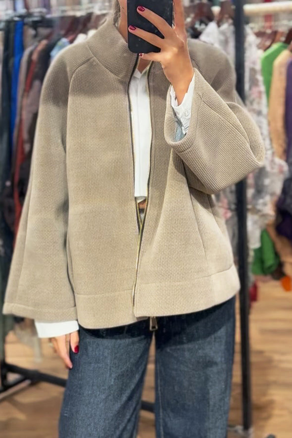 Women Casual Simple High Neck Metal Zipper Wide Sleeve Jacket