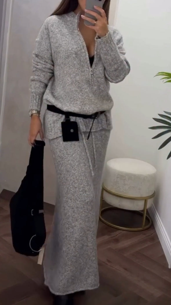 Women Round Neck Half-zip Top + Skirt Casual Suit