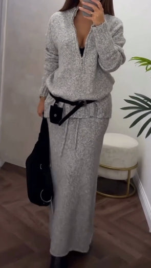 Women Round Neck Half-zip Top + Skirt Casual Suit