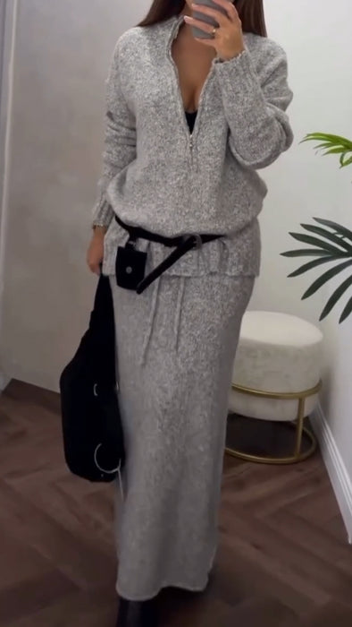 Women Round Neck Half-zip Top + Skirt Casual Suit
