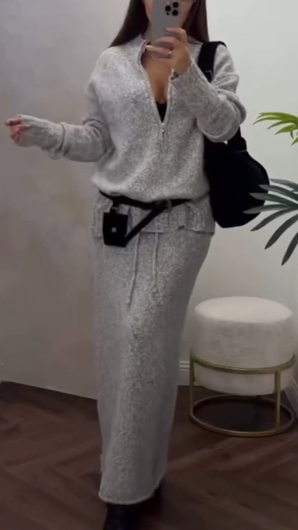 Women Round Neck Half-zip Top + Skirt Casual Suit