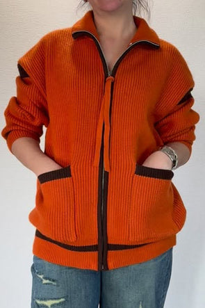 Women Casual Contrast Metal Zipper Knit Cardigan