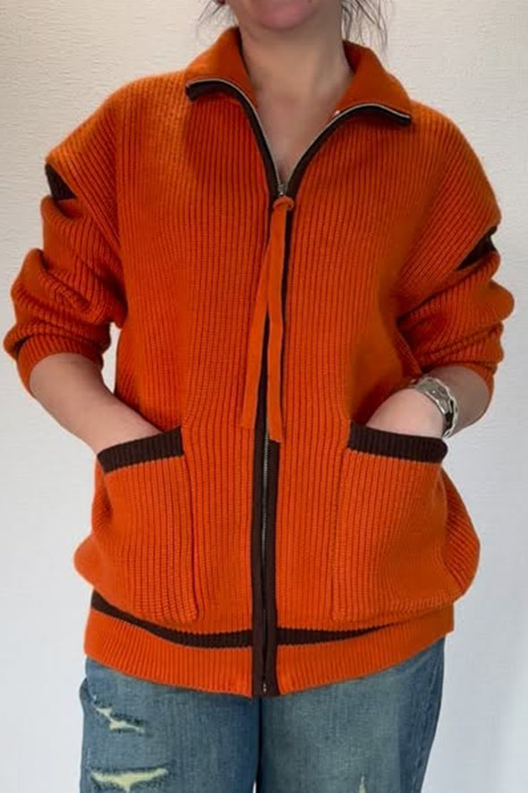 Women Casual Contrast Metal Zipper Knit Cardigan