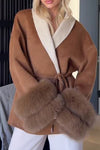 Women Elegant Contrast Lapel Waist Tie Double Layer Plush Cuffs Coat