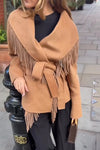 Women Elegant Large Lapel Cross-Over Lace Tassel Coat
