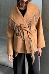 Women Elegant Large Lapel Cross-Over Lace Tassel Coat