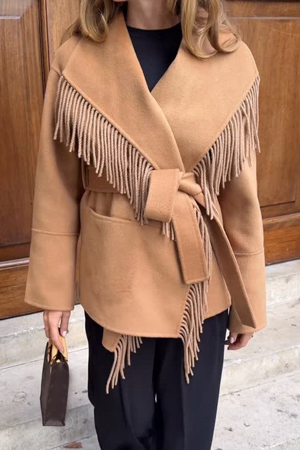Women Elegant Large Lapel Cross-Over Lace Tassel Coat