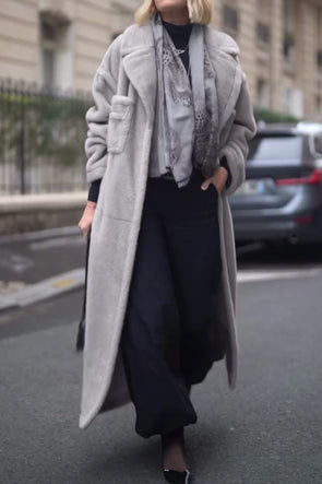 Women Elegant Large Lapel Plush Warm Long Coat
