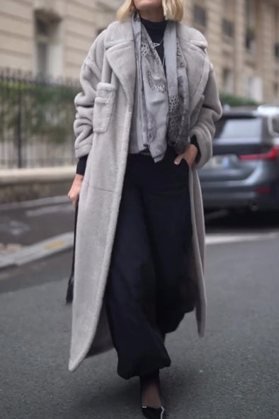Women Elegant Large Lapel Plush Warm Long Coat
