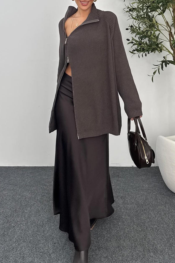 Women Lapel Zipper Knitted Coat + Skirt Casual Suit