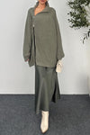 Women Lapel Zipper Knitted Coat + Skirt Casual Suit