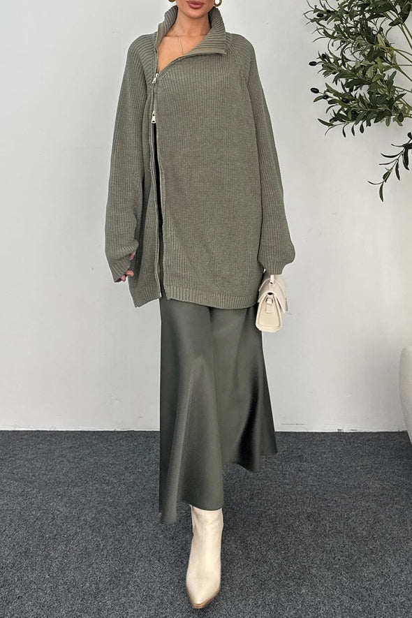 Women Lapel Zipper Knitted Coat + Skirt Casual Suit