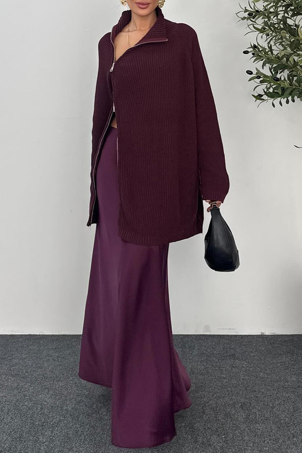 Women Lapel Zipper Knitted Coat + Skirt Casual Suit