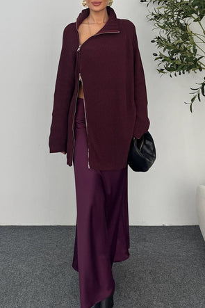 Women Lapel Zipper Knitted Coat + Skirt Casual Suit