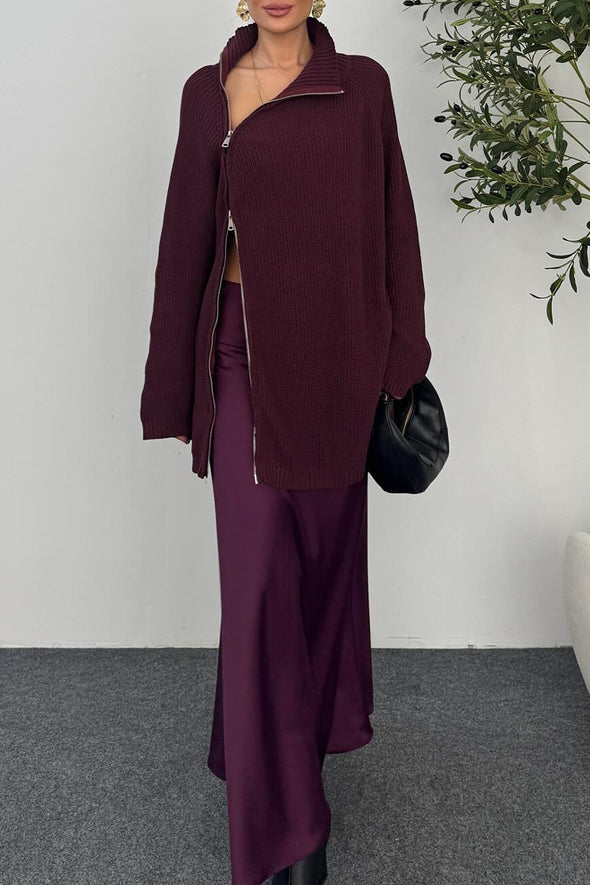 Women Lapel Zipper Knitted Coat + Skirt Casual Suit