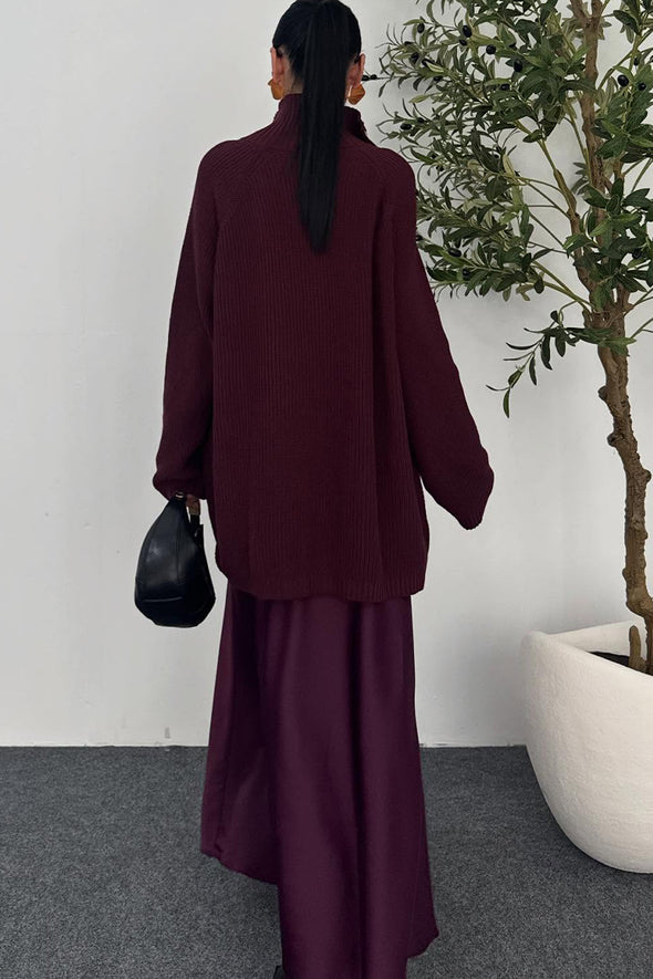 Women Lapel Zipper Knitted Coat + Skirt Casual Suit