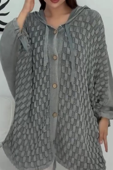 Women Casual Hooded Special Texture Batwing Sleeve Loose Cardigan