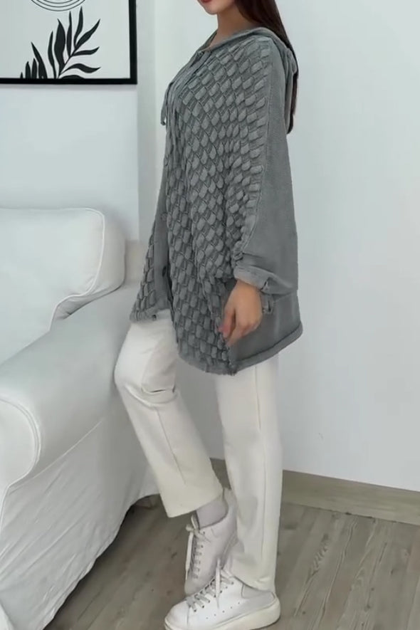 Women Casual Hooded Special Texture Batwing Sleeve Loose Cardigan