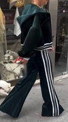Women Hooded Jacket + Vertical Striped Pants Casual Suit