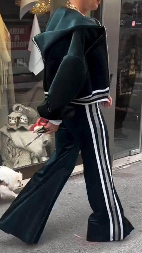 Women Hooded Jacket + Vertical Striped Pants Casual Suit