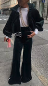 Women Hooded Jacket + Vertical Striped Pants Casual Suit