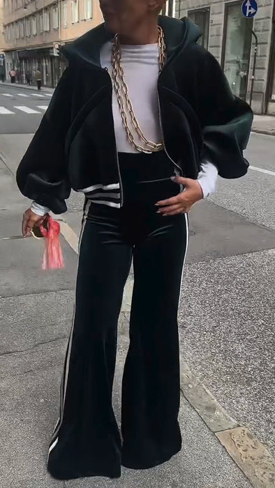 Women Hooded Jacket + Vertical Striped Pants Casual Suit