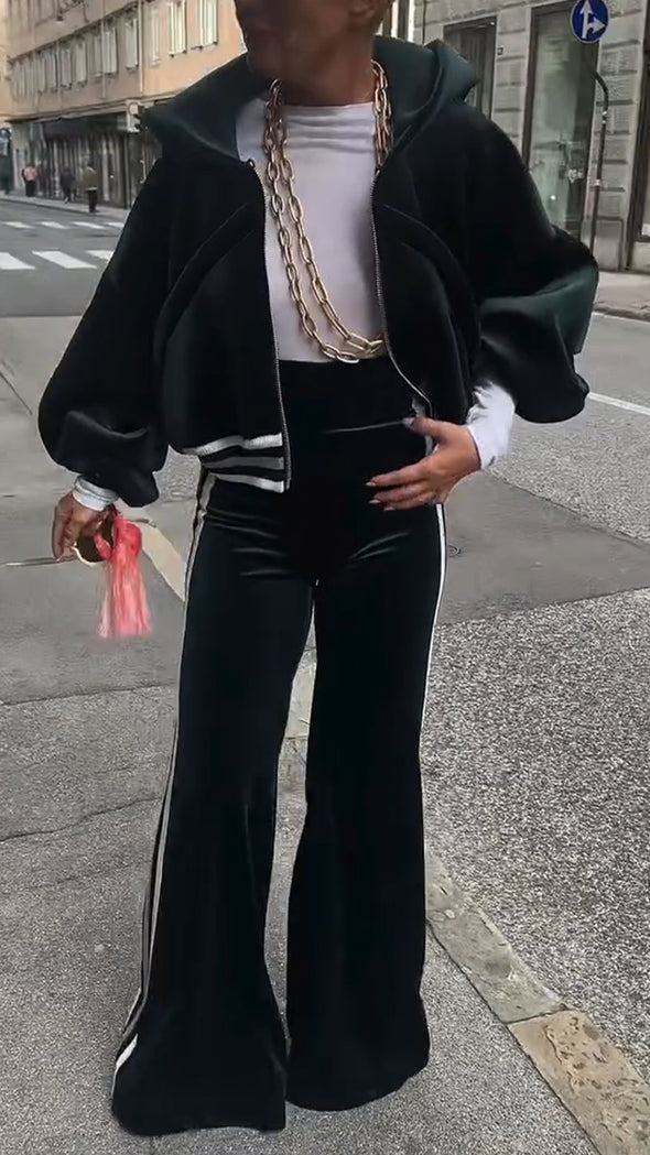 Women Hooded Jacket + Vertical Striped Pants Casual Suit