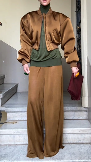 Women Round Neck Zipper Jacket + Pants Solid Color Temperament Casual Suit