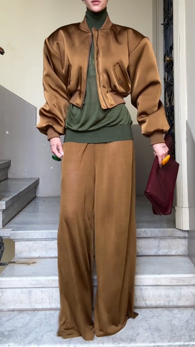 Women Round Neck Zipper Jacket + Pants Solid Color Temperament Casual Suit