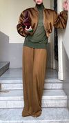 Women Round Neck Zipper Jacket + Pants Solid Color Temperament Casual Suit