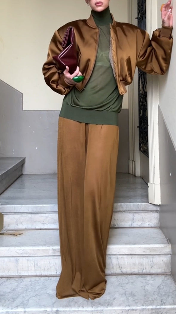 Women Round Neck Zipper Jacket + Pants Solid Color Temperament Casual Suit