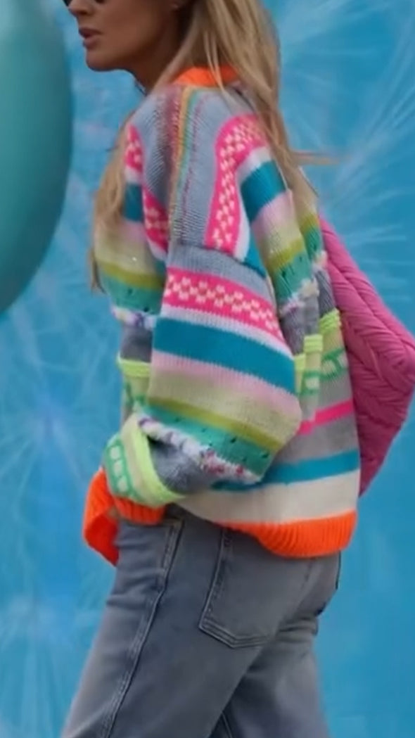 Women V-neck Colorful Casual Knitted Sweater