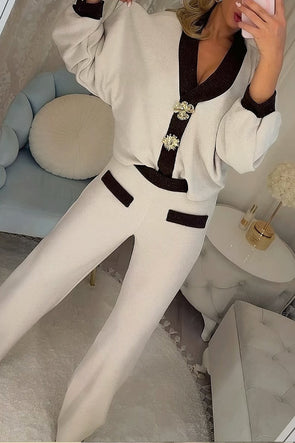 Women V-neck Glitter Metal Button Decorated Cardigan + Pants Casual Suit