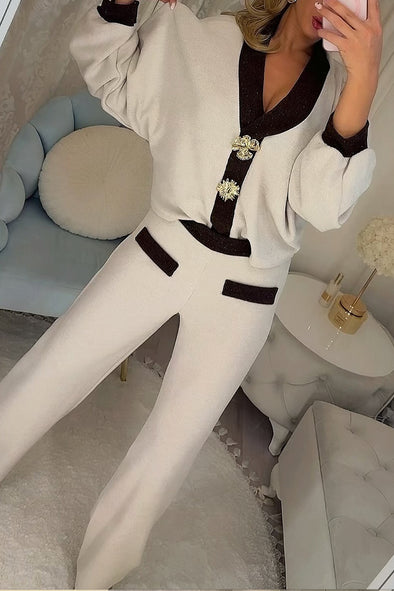 Women V-neck Glitter Metal Button Decorated Cardigan + Pants Casual Suit