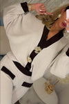 Women V-neck Glitter Metal Button Decorated Cardigan + Pants Casual Suit